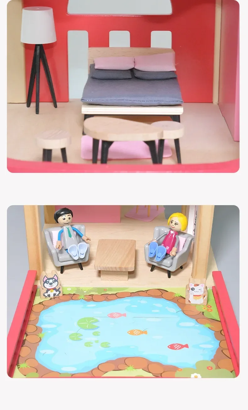 하이 퀄리티 나무 핑크 별장 유럽 공주 인형 방, 놀이 집 퍼즐 인터랙티브 장난감, 생일 선물, 50cm