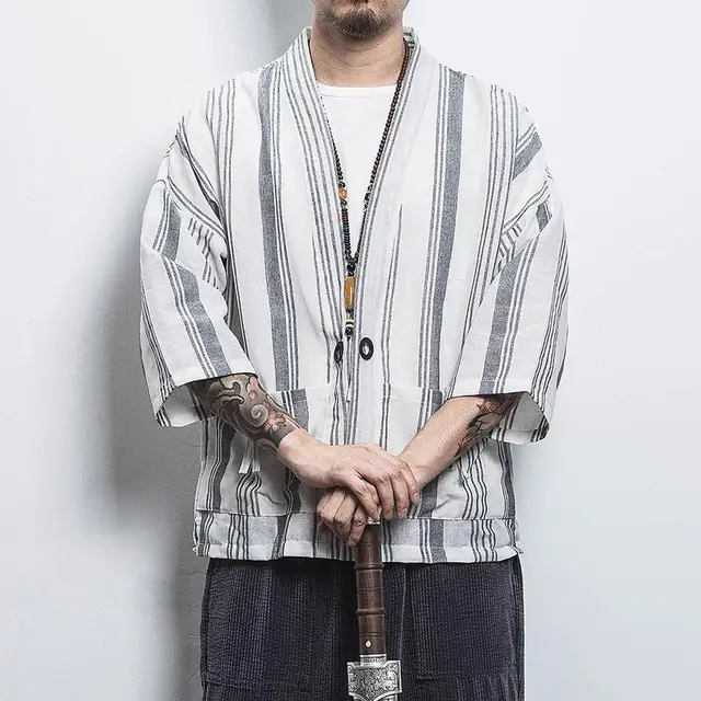 Japanese Male Kimono Cardigan Men Harajuku Streetwear Samurai Costume Plus Size Yukata Haori Chinese Style Coat T-shirt 4XL 5XL White
