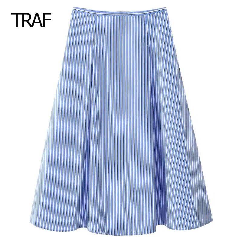 

TRAF Midi Striped Skirt Women's Skirt Spring Summer 2024 Mid Waist Long Skirt Korean Reviews Clothes Y2k Skirt Trending Fashion