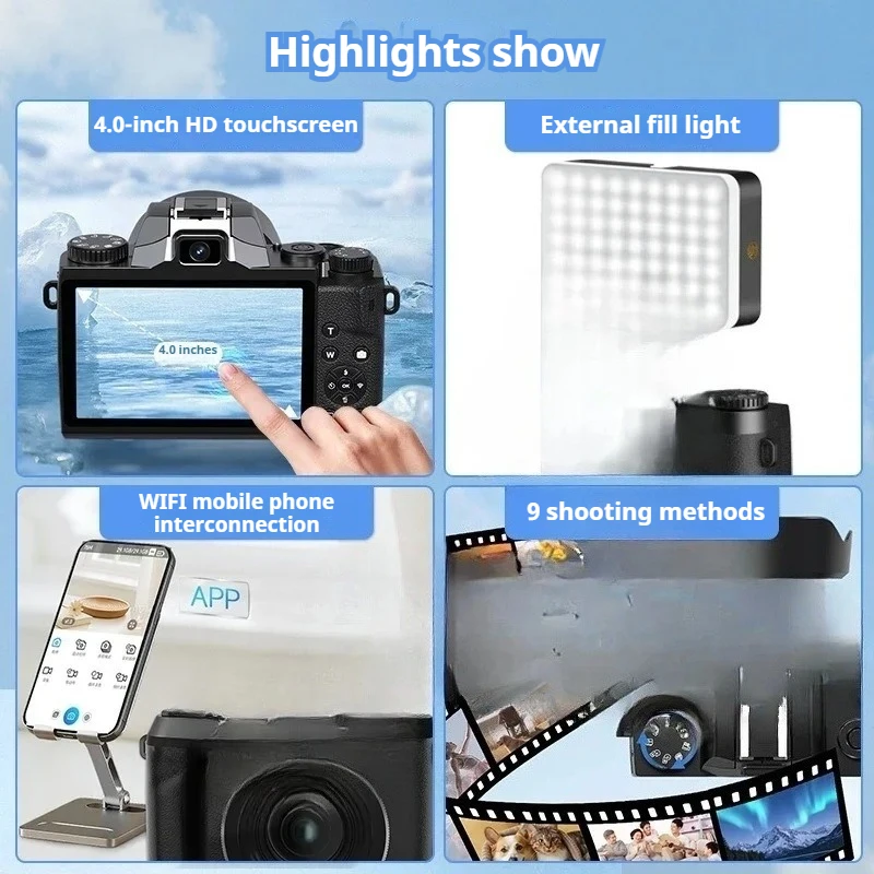 4.0인치 터치스크린 64MP 미러리스 디지털 카메라 HD 셀피 카메라 전문 사진 촬영 캠코더 외부 슈 지원