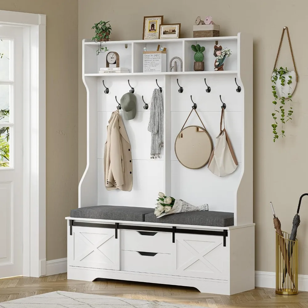 Hall Tree with Bench and Shoe Storage, Entryway Bench with Coat Rack, Modern Farm House Barn Door 3-in-1 Hall Tree, Shoe Rack 2