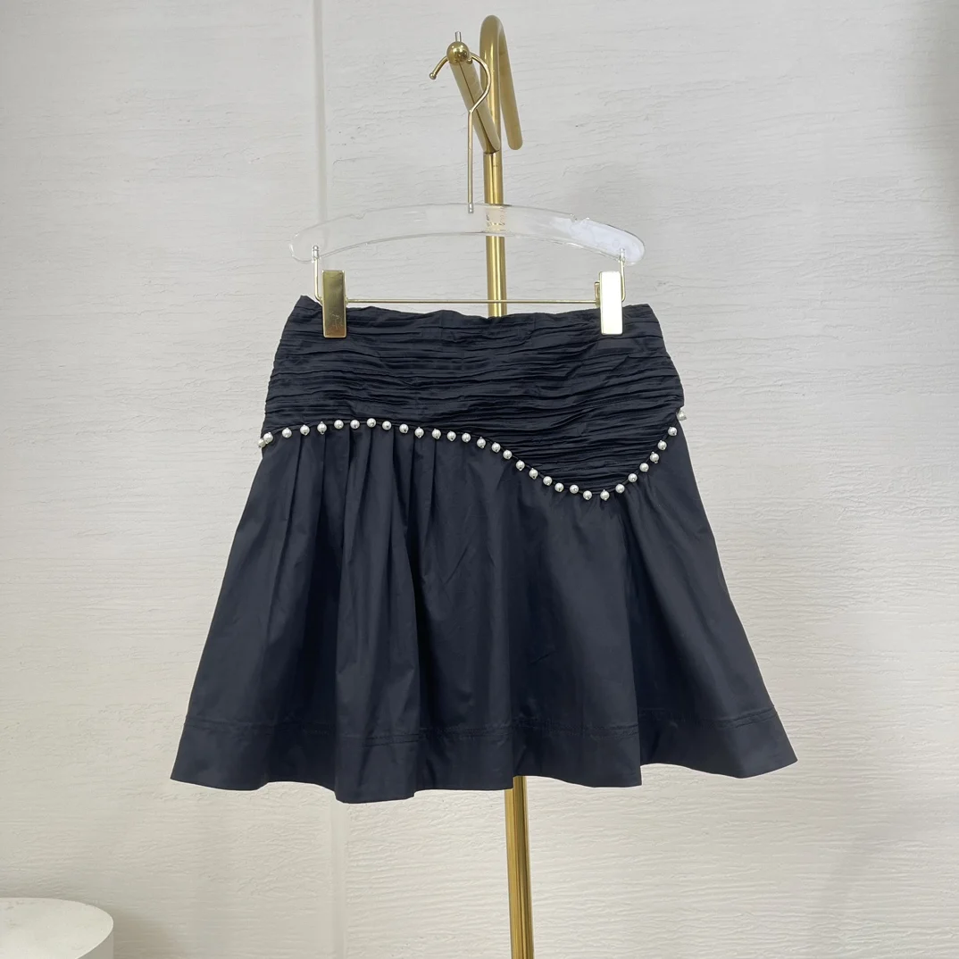 Black 2024 New Cotton Ruched Pleat High Waist Beading Pleats High Quality Women Mini Skirt