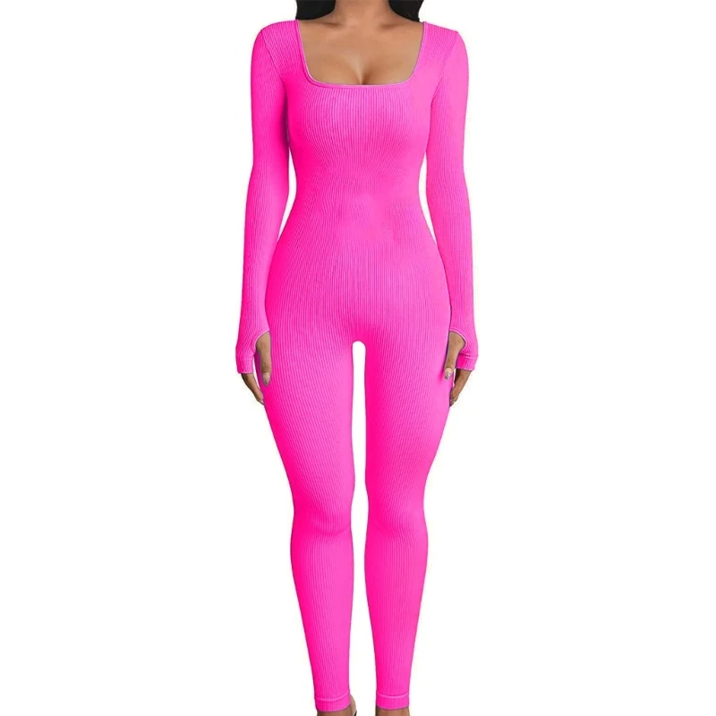 

Womens Thumbhole Long Sleeve Square Neck High Waist Bodycon Jumpsuits Solid Color Ribbed Knit Workout Yoga Romper Outfit