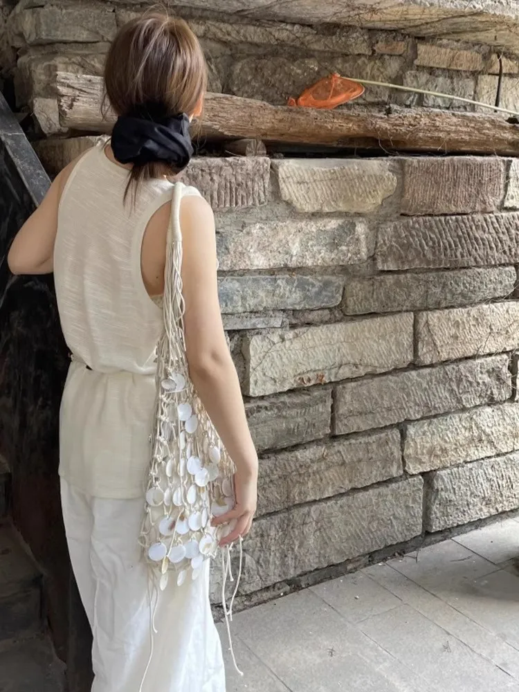 Handmade Shell Bag Woven Bucket Tassel Embroidery Hobo Shoulder Wooden Handle Handbag Evening Clutch Bag