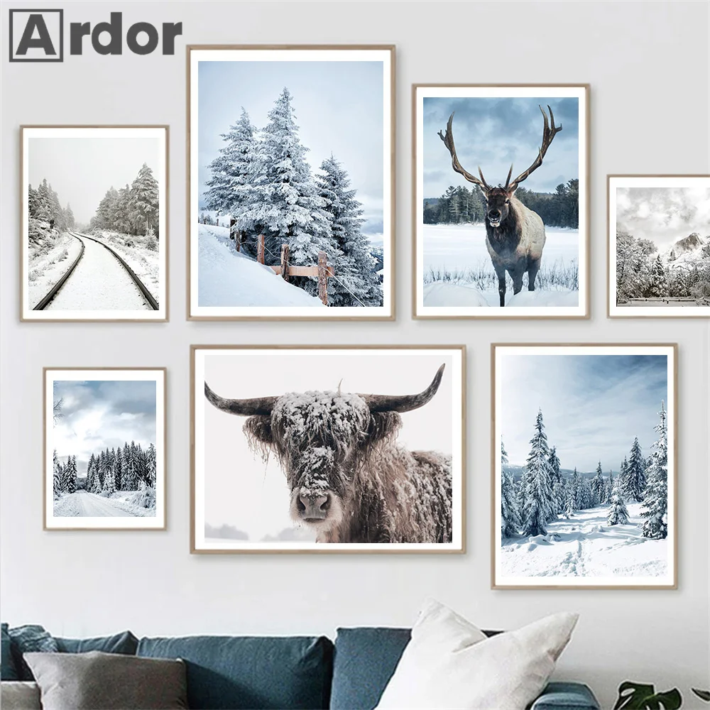 Winter Snow Landscape Christmas Forest Deer Yak Cabin Wall Art Canvas Painting Posters And Prints Picture Living Room Home Decor abstract landscape canvas painting nordic river scenery posters and prints wall art picture for living room bedroom home decor