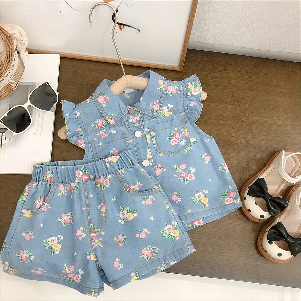 

Детский летний костюм из 2 предметов, джинсовая рубашка без рукавов с цветочным принтом и шорты, костюм для маленьких девочек, 2023