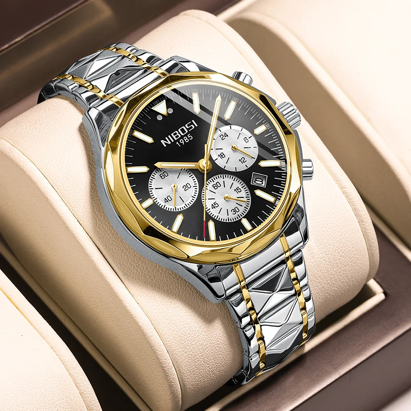 

NIBOSI Original Quartz Men Watch Balck Gold Stainless Steel Waterproof Chronograph Luxury Top Brand Number Dial Men's Wristwatc