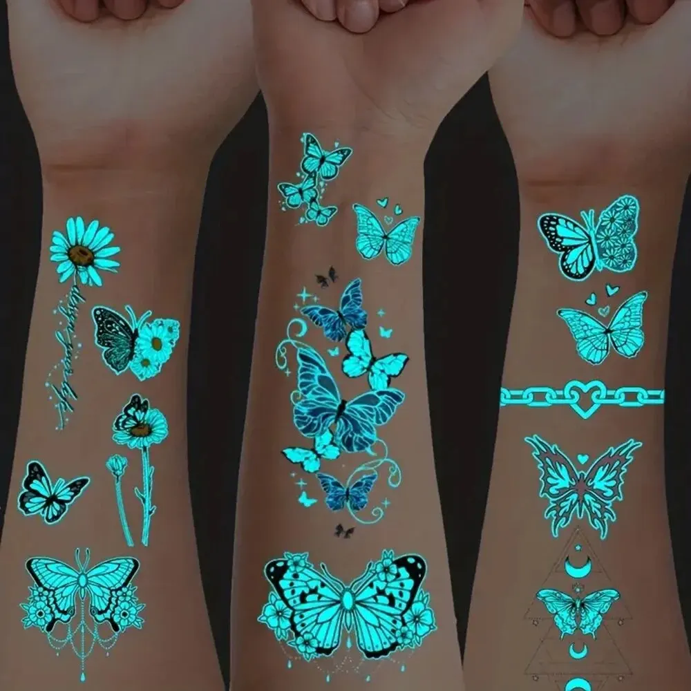 15 stks Blauwe Lichtgevende Vlinder Waterdichte Tijdelijke Tattoo Sticker  Vleugel Veer Herten Bloem Ins Stijl Patroon Fake Tato Vrouwen Mannen -  AliExpress, image size:1000x1000