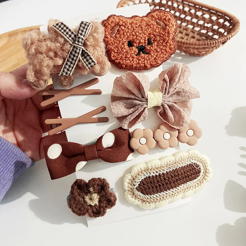 4Pcs/Set Cute Cartoon Animal Hair Clips For Children Girls Hairpins Kids Bear Hair Barrettes Accessories Coffee Color Headwear 5pcs european and american new coffee headscarf suit children brown plug cotton headwear combination baby flower hair band