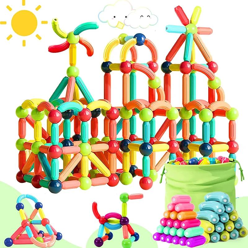 Magnetic Building Blocks Magnetic Assembly Toy Kids Magnet Construction Set Magnetic Balls and Rods Sticks Building Blocks Montessori Educational STEM Toys For Children Boys