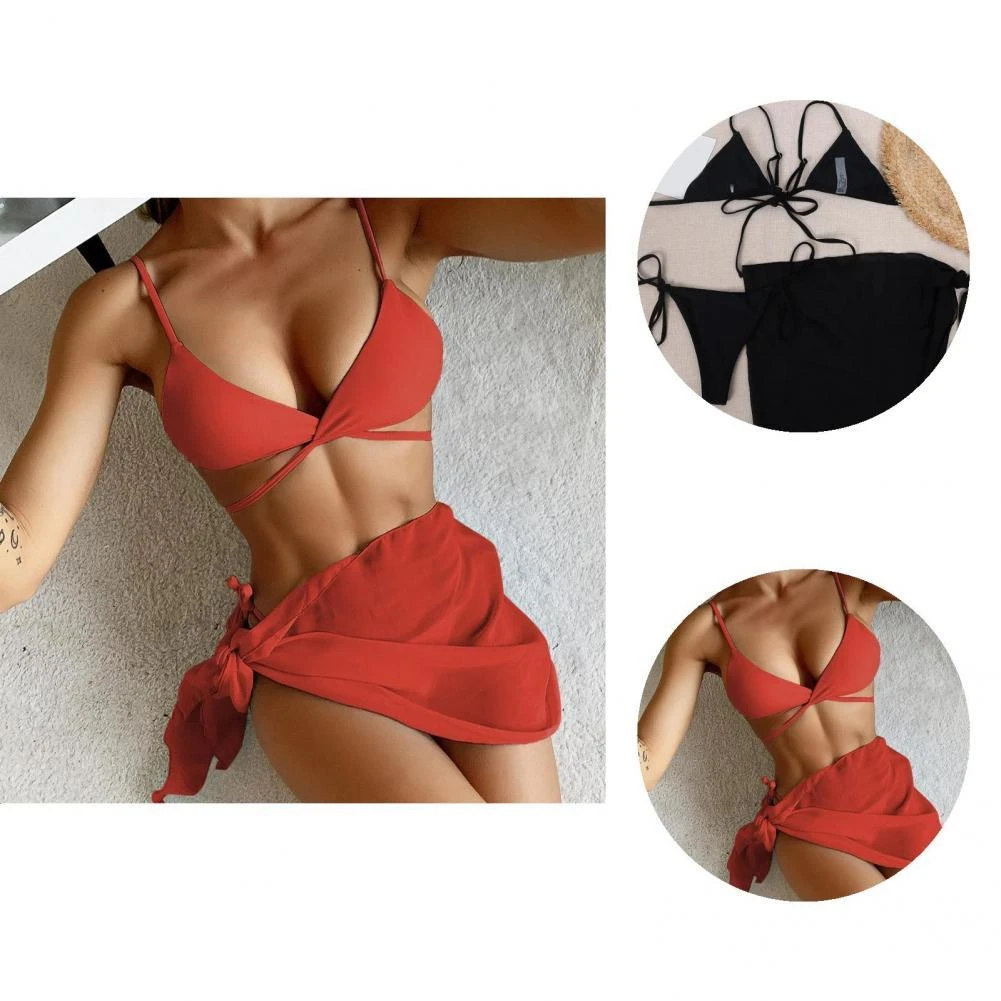 Ladies 3Pcs/Set Attractive Backless Lace-up Swimwear Sexy Split Bikini Wire Free   for Swimming push up bikini set