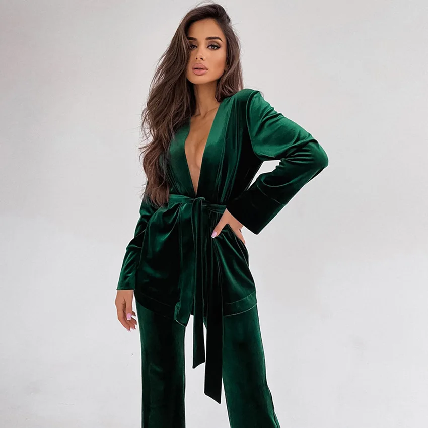 

Solid Knitting Sleepwear Robe Pajama Set Woman 2 Pieces Spring Trouser Suits Velour Nightgown Lace Up Bathrobes Sets Nightgown