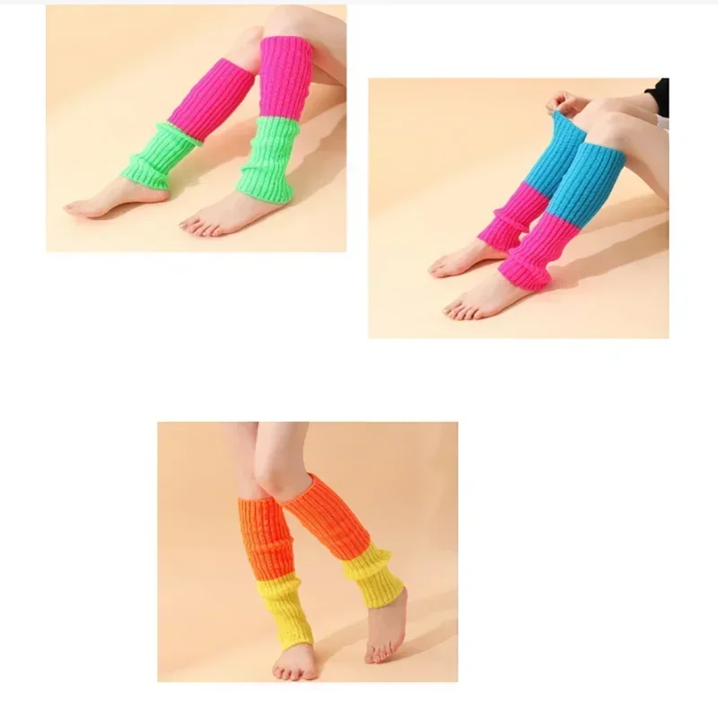 3Pairs Women Juniors Neon Ribbed Leg Warmers for 80s Eighty's Party Sports Yoga Footless Socks Punk Knee High Gothic Hip-hop 6