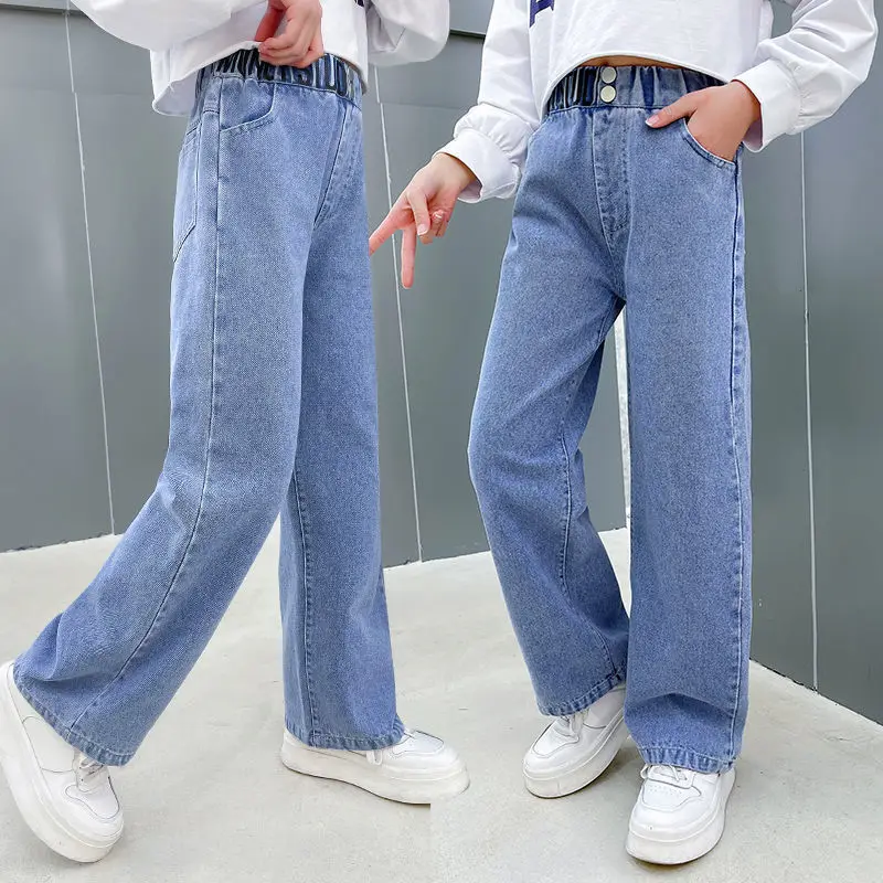 

Teenage Girls Jeans 2023 Spring Autumn Casual Fashion Loose Blue Kids Leg Wide Pants School Children Trousers 6 8 10 12 Year