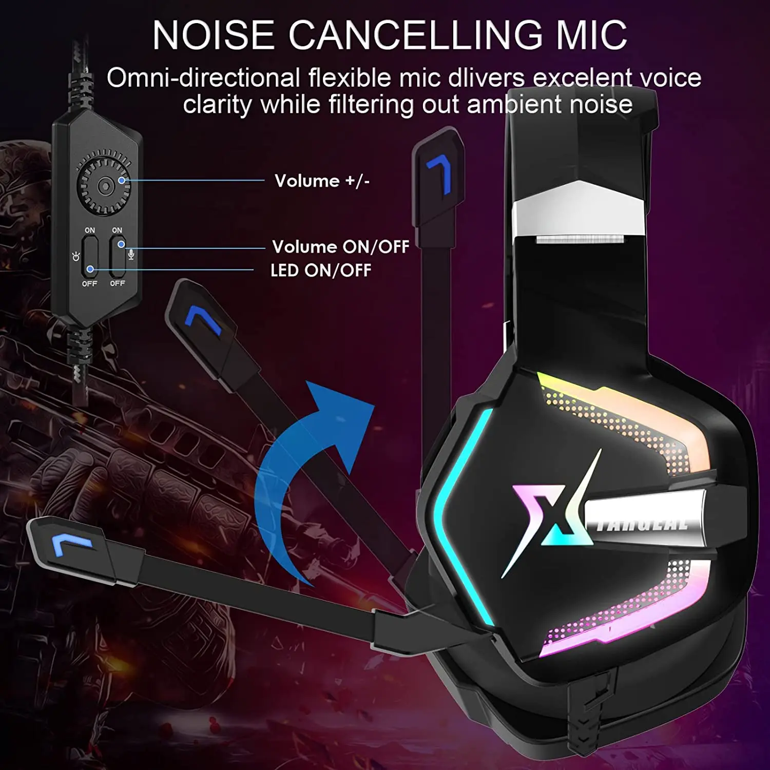 Targeal 7.1 Channel Wired Gaming Headset for PC PS5 PS4 Switch Laptop Mac with Omnidirectional Noise Canceling Mic, RGB LED