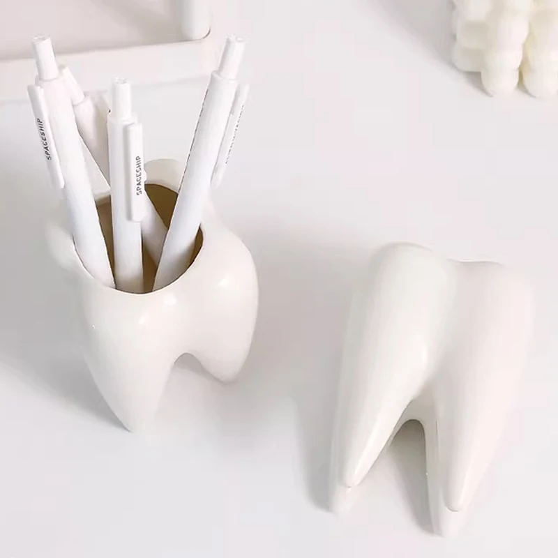 Creative Tooth Shape Pen Holder, White Teeth Toothbrush Cup, Miscellaneous Storage, Flower Pot Desktop Decoration Ornaments, 1Pc