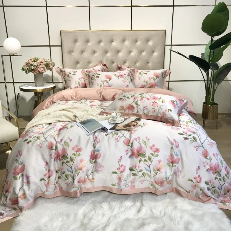 

Summer Soft Bamboo Fiber Forest Floral Botanical Pattern Pink Bedding Set Natural Healthy Quilt Cover Set Bed Sheet Pillowcases