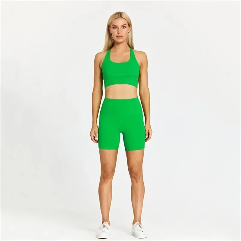 Lemon Women Sport Suit High Waist Short And Fitness Bra 2pcs With Pocket Short Legging Yoga Set Ride Gym Workout Training