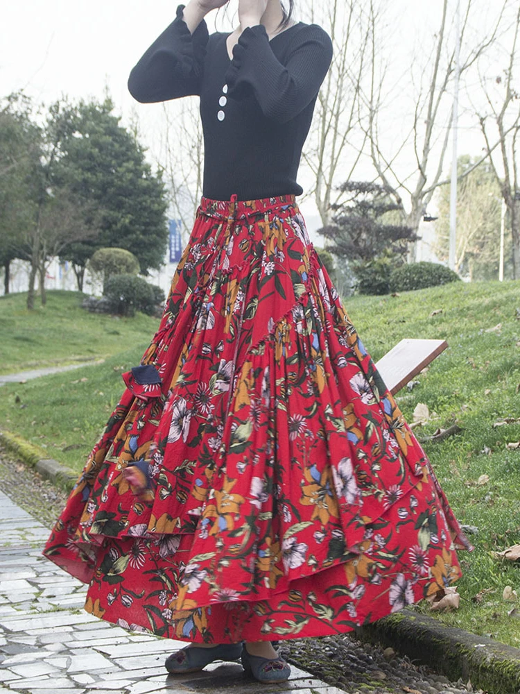 

Cotton Linen Women Medieval Skirt Women Print Dubai Turkey Retro Ethnic Lace-up Skirt Muslim Maxi Long Skirt Spring Summer 2022