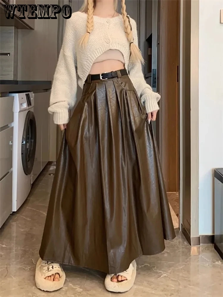 

Leather Pocket Skirt Women High Waisted PU Skirt Fashion Female Solid All Match Street Lady Pleated Big Hem Vintage Long Skirts