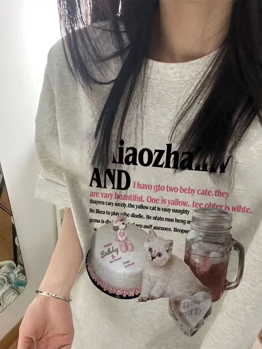 

Japanese fashion pure cotton gray kawaii cat print short-sleeved T-shirt women lazy style Y2K Korean style casual couple tops