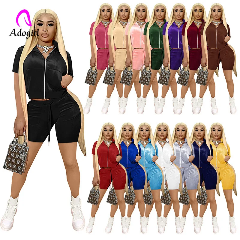 

Velvet Fitness Women 2 Piece Set Solid Short Sleeve Zipper Coat Biker Shorts Matching Jogger Set 2022 Summer Workout Tracksuit