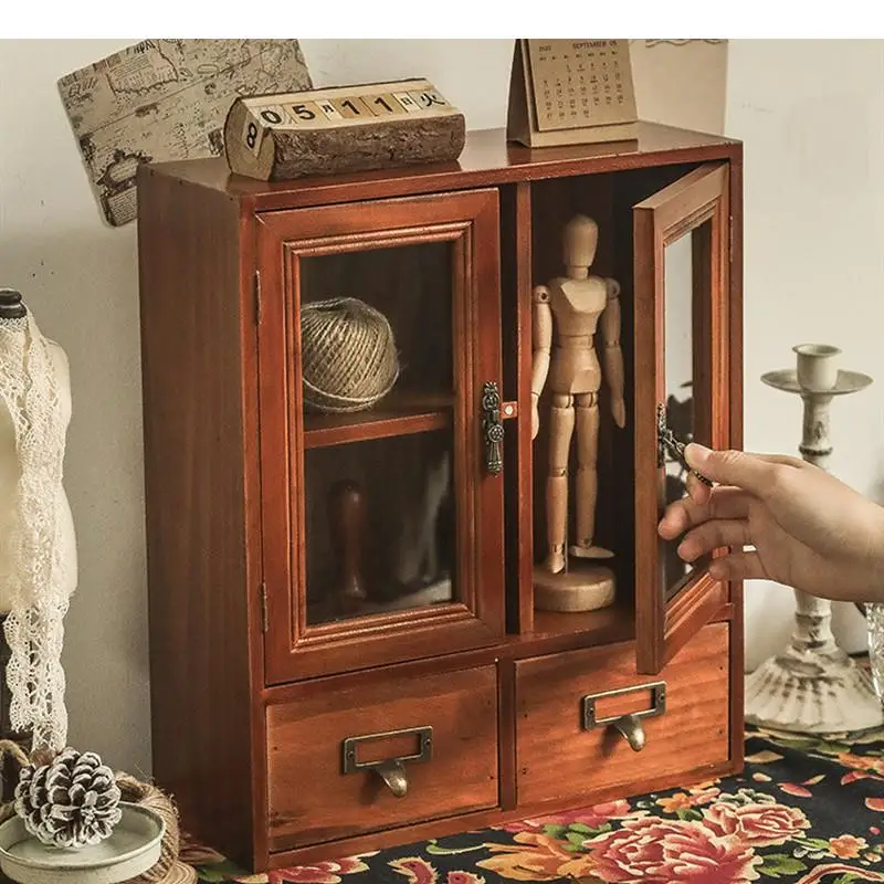 

Solid Wood Storage Box Three Grid Drawer Type Display Cabinet Transparent Cabinet Door Home Decoration Storage Organize Box