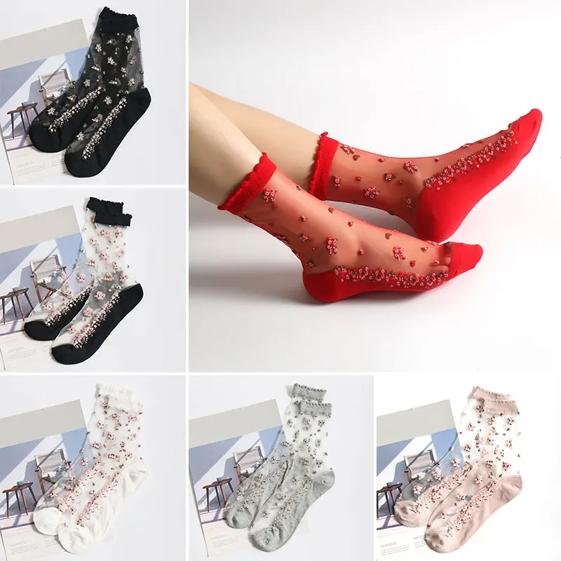 

Socks Women's Spring/summer New Women's Glass Silk Socks Cotton Bottom Thin Crystal Silk Socks Women's Mid Length Socks