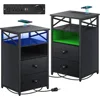 LED Nightstands with Wireless Charging Station, End Tables Set 2 with LED Lights, Bedside Table with Wooden Drawers, Black Night 1
