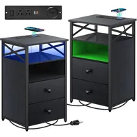 LED Nightstands with Wireless Charging Station, End Tables Set 2 with LED Lights, Bedside Table with Wooden Drawers, Black Night 1