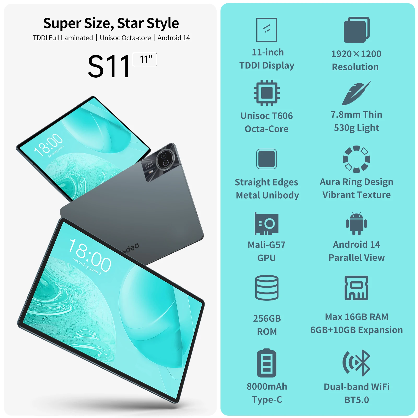 Teclast Odea S11, 11 inch Tablet, Max 16GB RAM, 256GB ROM, 1920X1200 TDDI, Android 14, Octa Core, T606, GPS, 4G LTE, 13MP+8MP 2