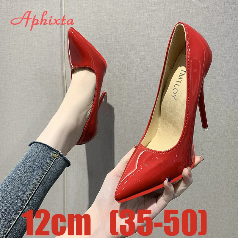 Aphixta 여성용 슈퍼 하이 씬 힐 펌프스, 12cm, 뾰족한 발가락 특허 가죽, 웨딩 원피스, 사무실 여성, 슈퍼 빅 사이즈 49, 50