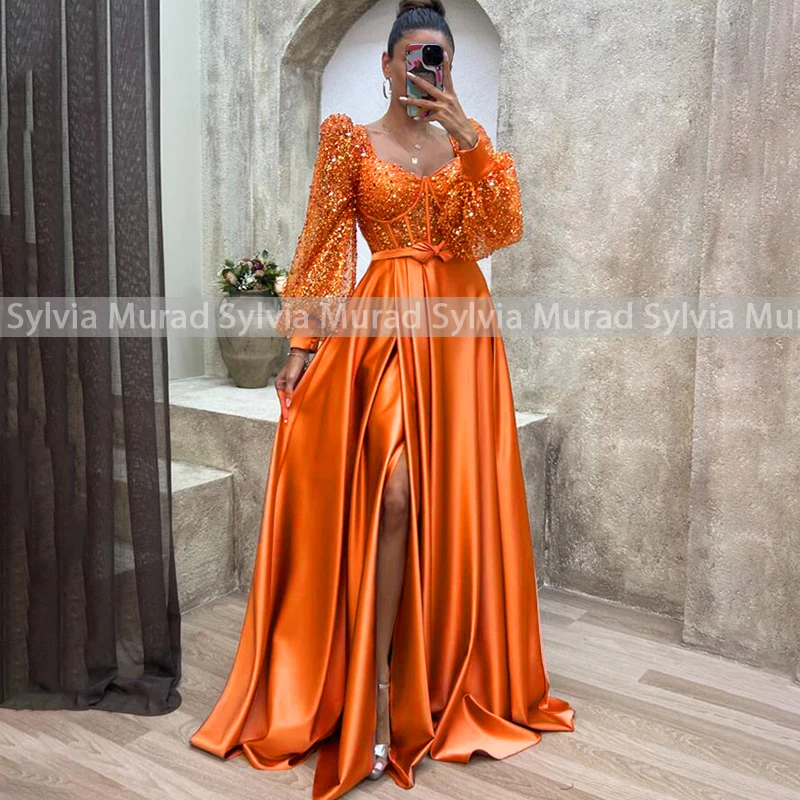 

Bling Sequins A Line Evening Dress With Long Sleeves Square Neck Side Split V Neck Women Birthday Party Dresses
