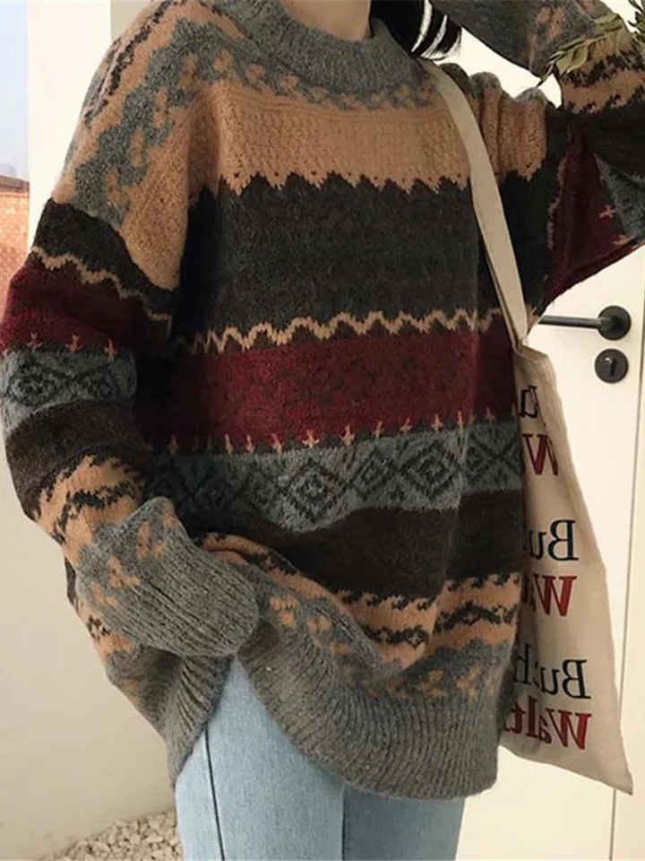 Vintage Striped Sweaters Women Pullover Winter Jumpers Korean Style Loose  Pullover Knitwear Ladies Casual Tops Pull Femme