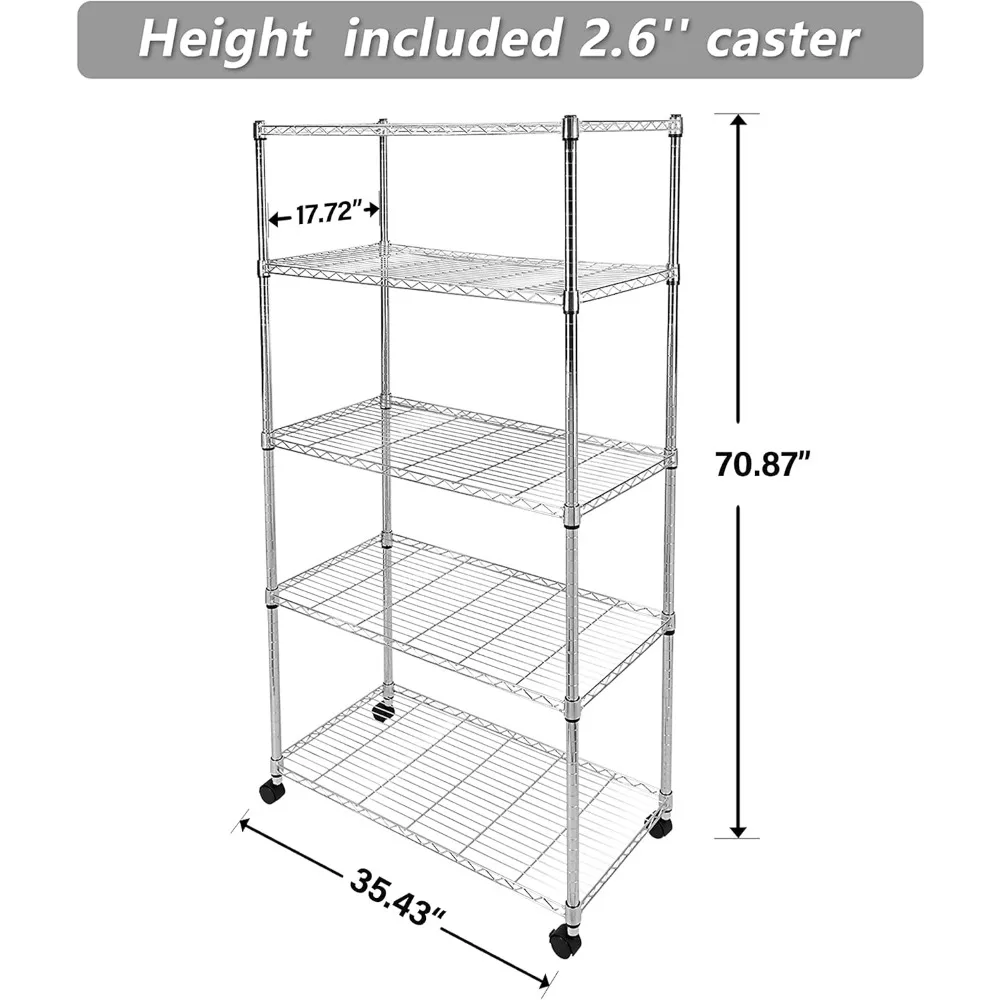 5-Shelf Heavy Duty Storage Shelves, 1750Lb Loading Capacity, 35.43" W x 17.72" D x 70.87" H Adjustable Shelving Unit with Wheels