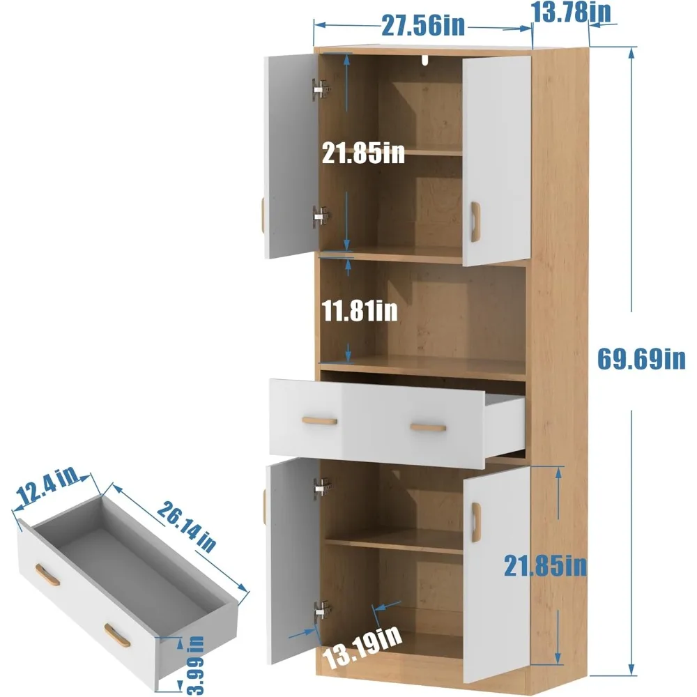 Oak and White Kitchen Pantry Cabinet,70" Tall Kitchen Storage Cabinet with Doors and Drawer, Freestanding Wooden Storage Cabinet 2