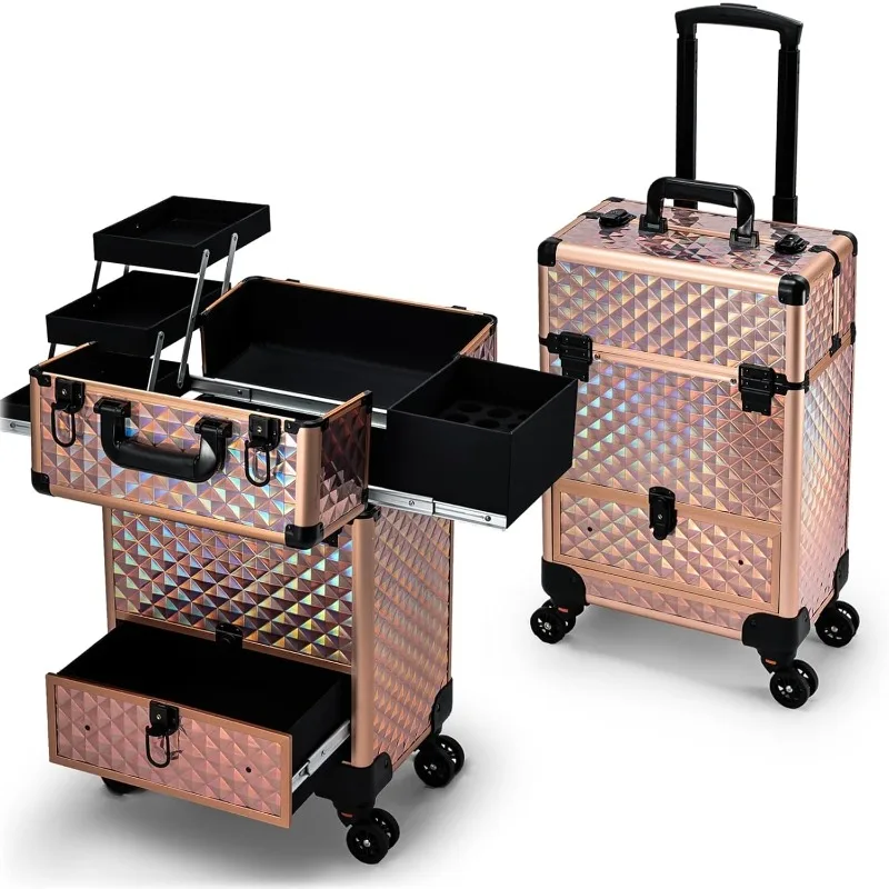 

Hododou Rolling Makeup Case Cosmetic Trolley with Sliding Drawer Nail Case Makeup Train Case