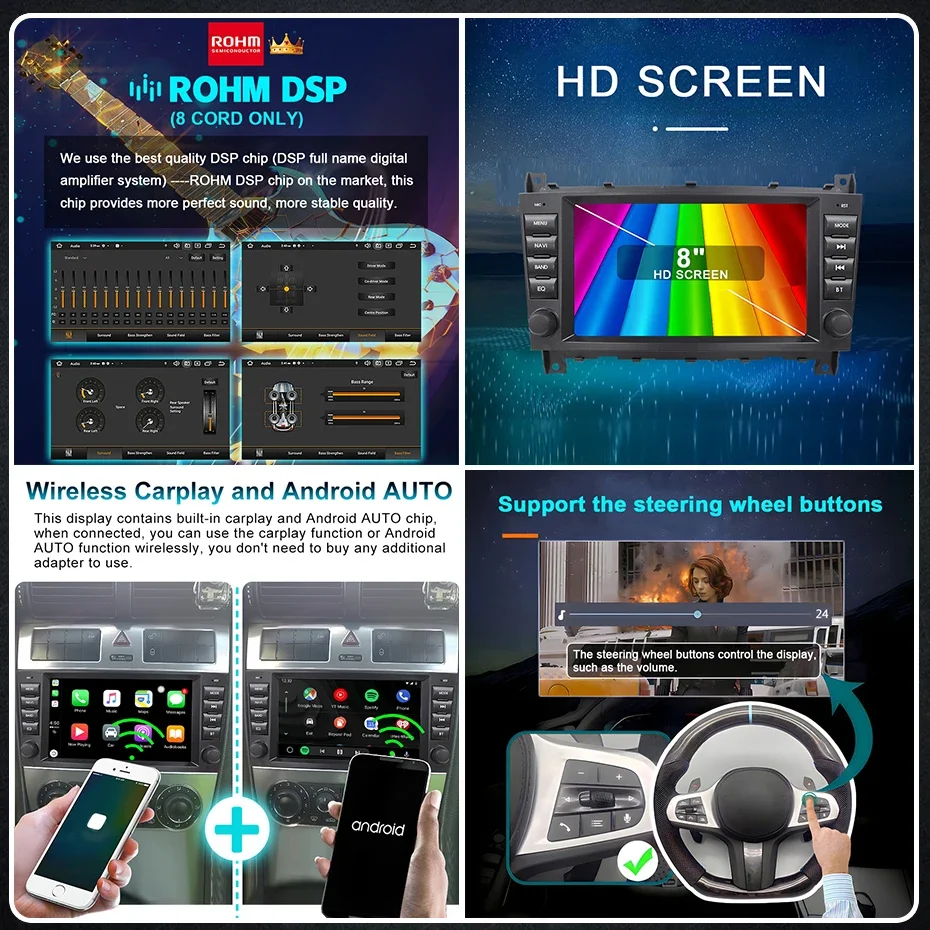 Pantalla de 8'' con Carplay Inalámbrico y Android 15, Radio para Auto para Mercedes-Benz C-CLASS W203 CLK/A/G-CLASS W209 W168 W463, Bluetooth, Autoradio 2DIN, Reproductor Multimedia Estéreo, GPS, WIFI, 4G LTE 5