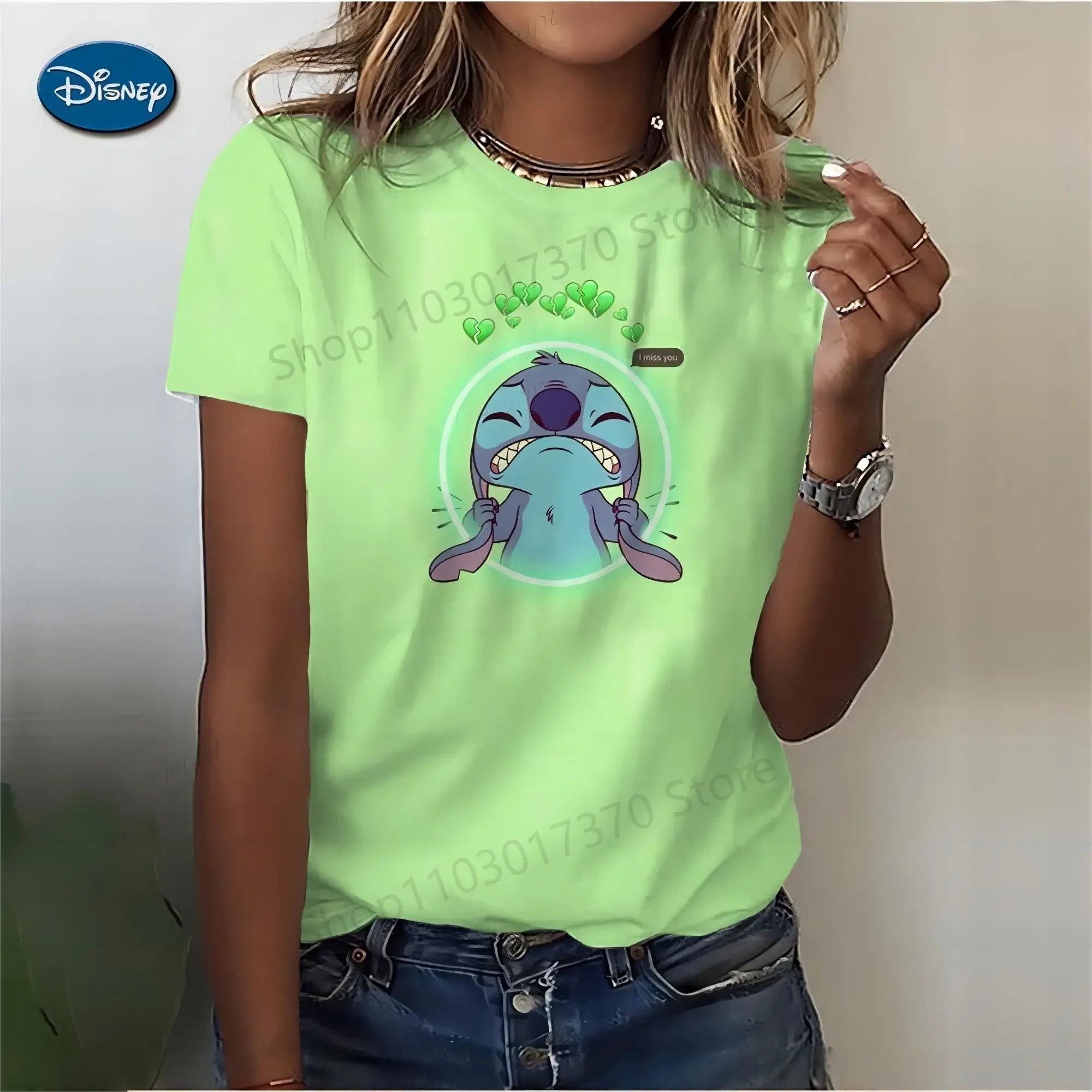 Mickey Mouse Stitch Print T-shirts Tops for Women Lady Summer Children T-shirts Casual O-neck Ohana Stitch Disney T-shirts 6