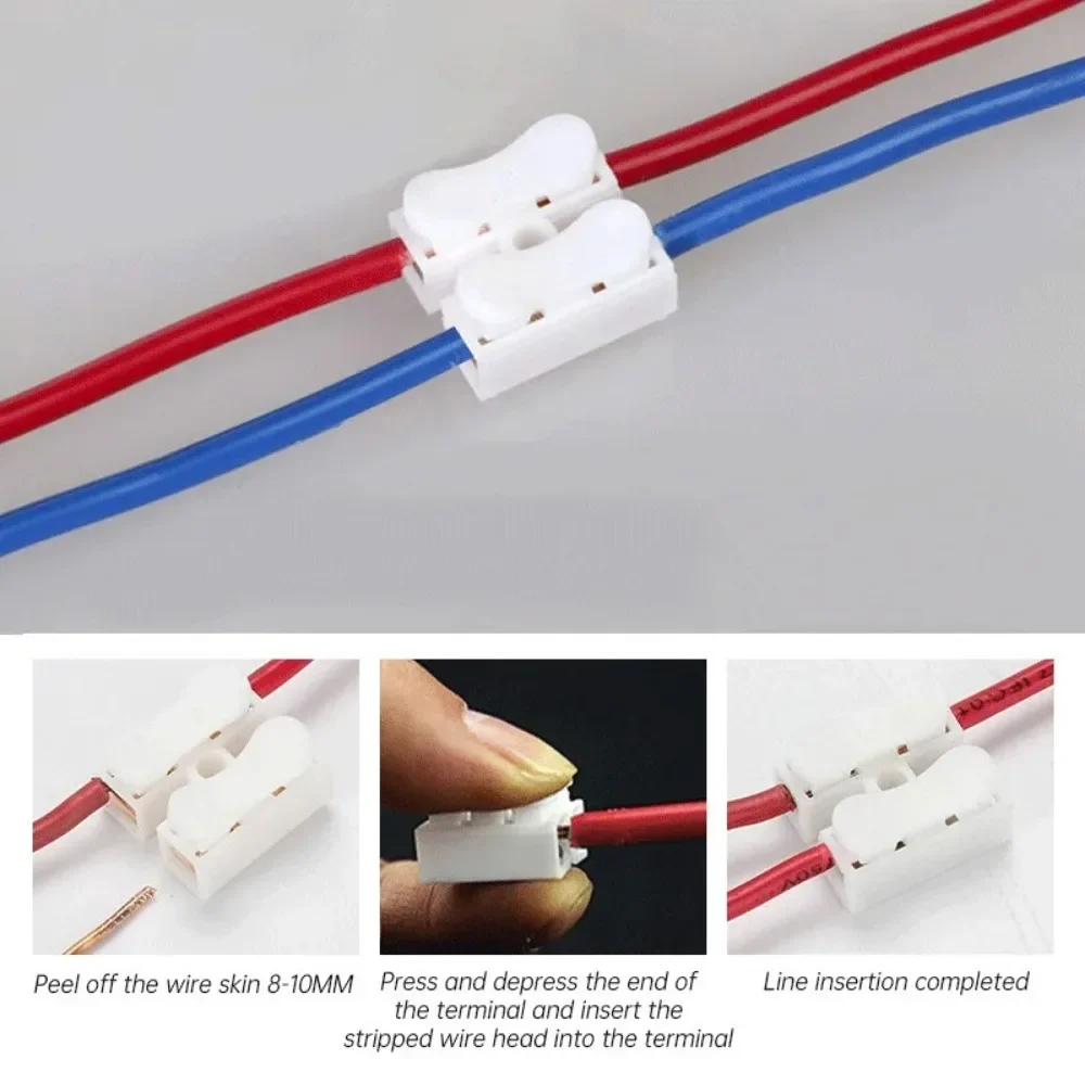 Description Picture 6 of item100-1000PCS/lot CH-2 Spring Wire Quick Connectors 220V Electrical Crimp Terminals Block Splice Cable Clamp Fit LED Strip Light