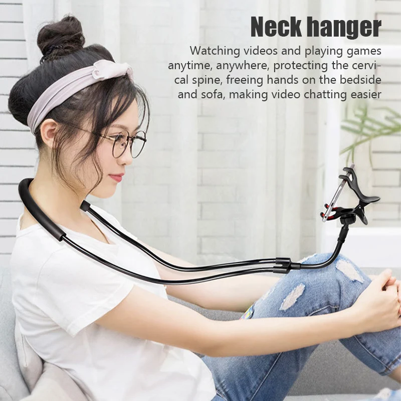 Mobile Phone Holder Extendable Neck Hanging Selfie Stick Adjustable 360°Free Rotating Mount Support Live Streaming Phone Stand