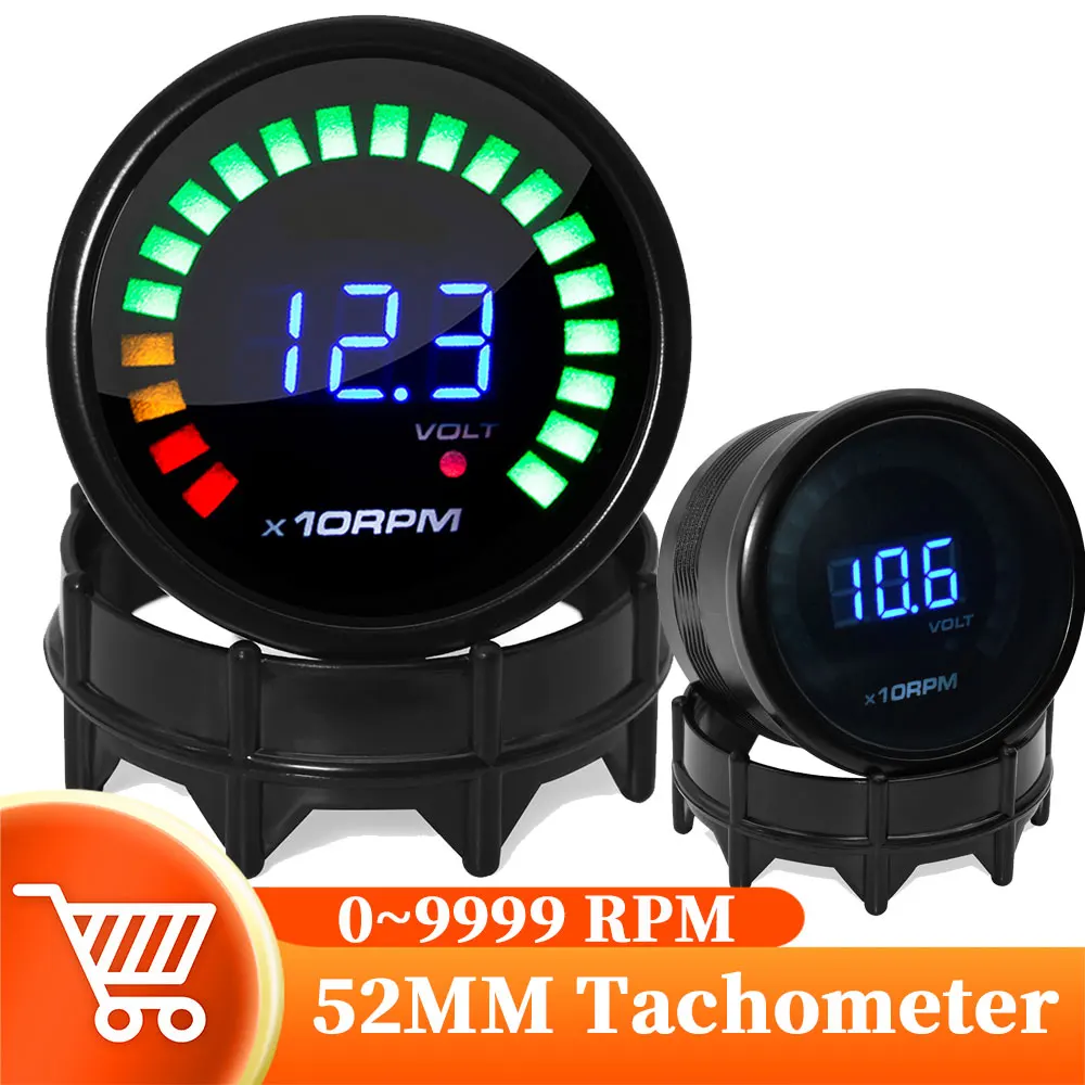 52mm Car Tachometer 0~9999 RPM Tacho Meter With Volts Fit 4/6/8 Cylinder Holder Cup For Car Racing 12V