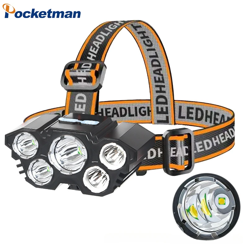 

Powerful 5LED Headlamp USB Rechargeable Headlight High Power Outdoor Waterproof Emergenc Torch Camping COB Head Flashlight