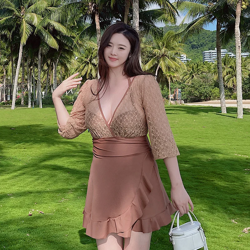 2023 Women Korean Style Solid Big Plus Size Swimwear One-Piece Monokini One Piece Print Ruffle Skirt Swimsuit
