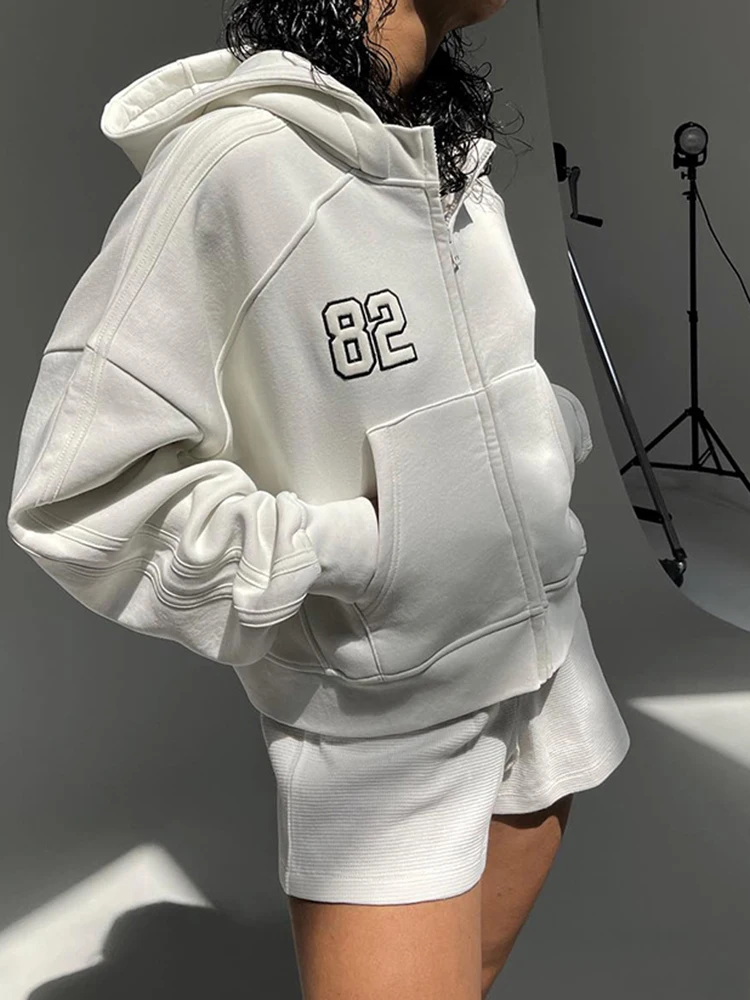 

Толстовка женская оверсайз, повседневный Свободный свитшот с капюшоном, белое пальто на молнии, с винтажными карманами, Осень-зима