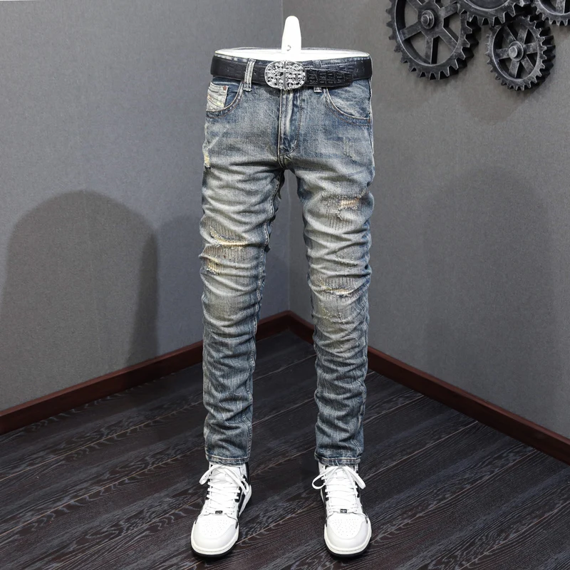 

High Street Fashion Men Jeans Retro Washed High Quality Destroyed Patched Ripped Jeans Men Slim Fit Vintage Designer Pants Homme