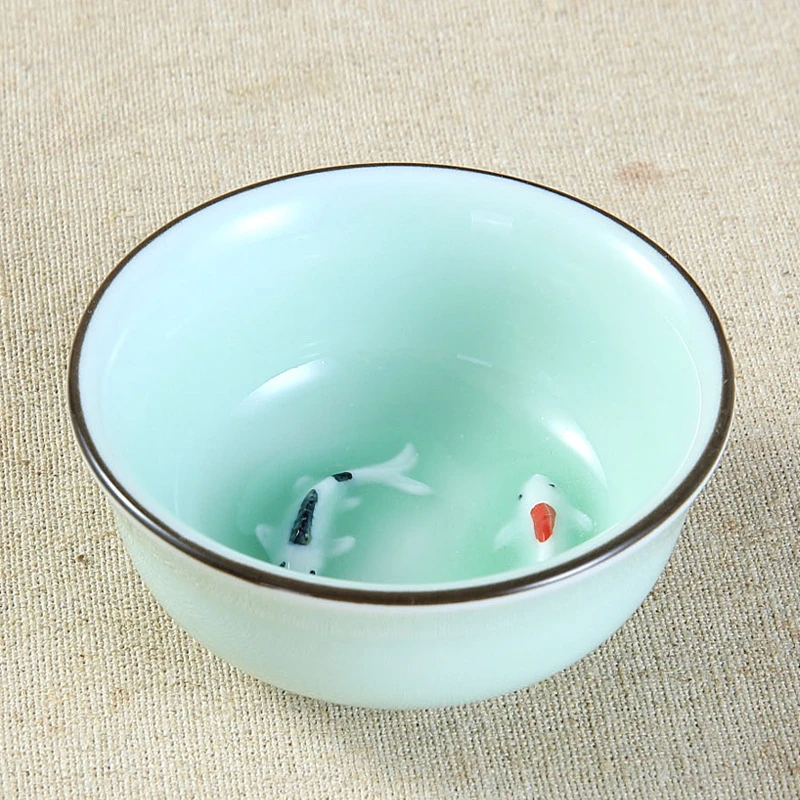 Blue/Green Celadon Chinese Kung Fu Tea Set Pu'er 3D Fishes Teacup Hand-painted Ceramic Relief Double Carp Master Tea Cup 60ml