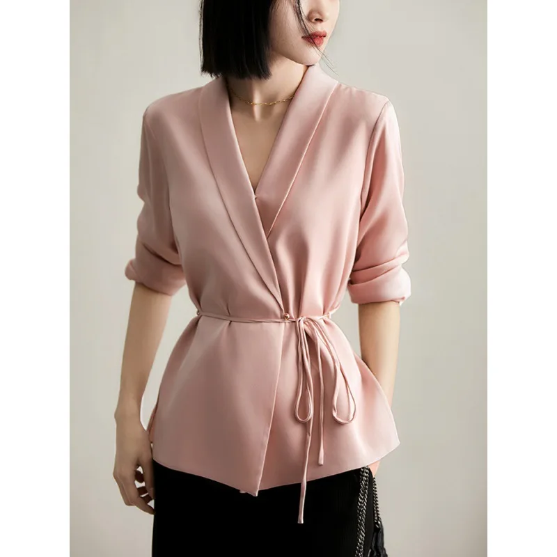 2023 Office Women's Top Blazers Solid Long-sleeved Coat Cardigan Casual Loose Waist Retraction Lace-up Thin Solid Color Suit