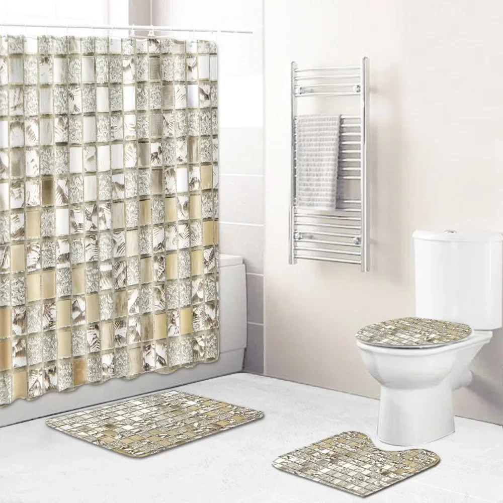 Home Waterproof Print Shower Curtain 4 Piece Carpet Cover Toilet Cover Bath Mat Pad Set Bathroom Curtain Bathroom Decoration 3