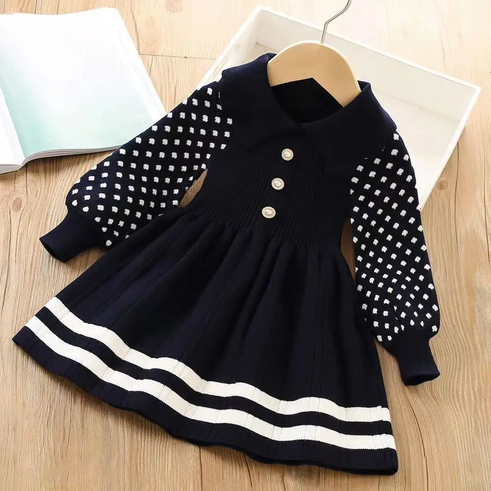 

Kids Girls Bubble Sleeve Sweater Dress 2023 Autumn Winter New Sweet And Fashionable Slim Fit Long Sleeve Knitted Princess Dress